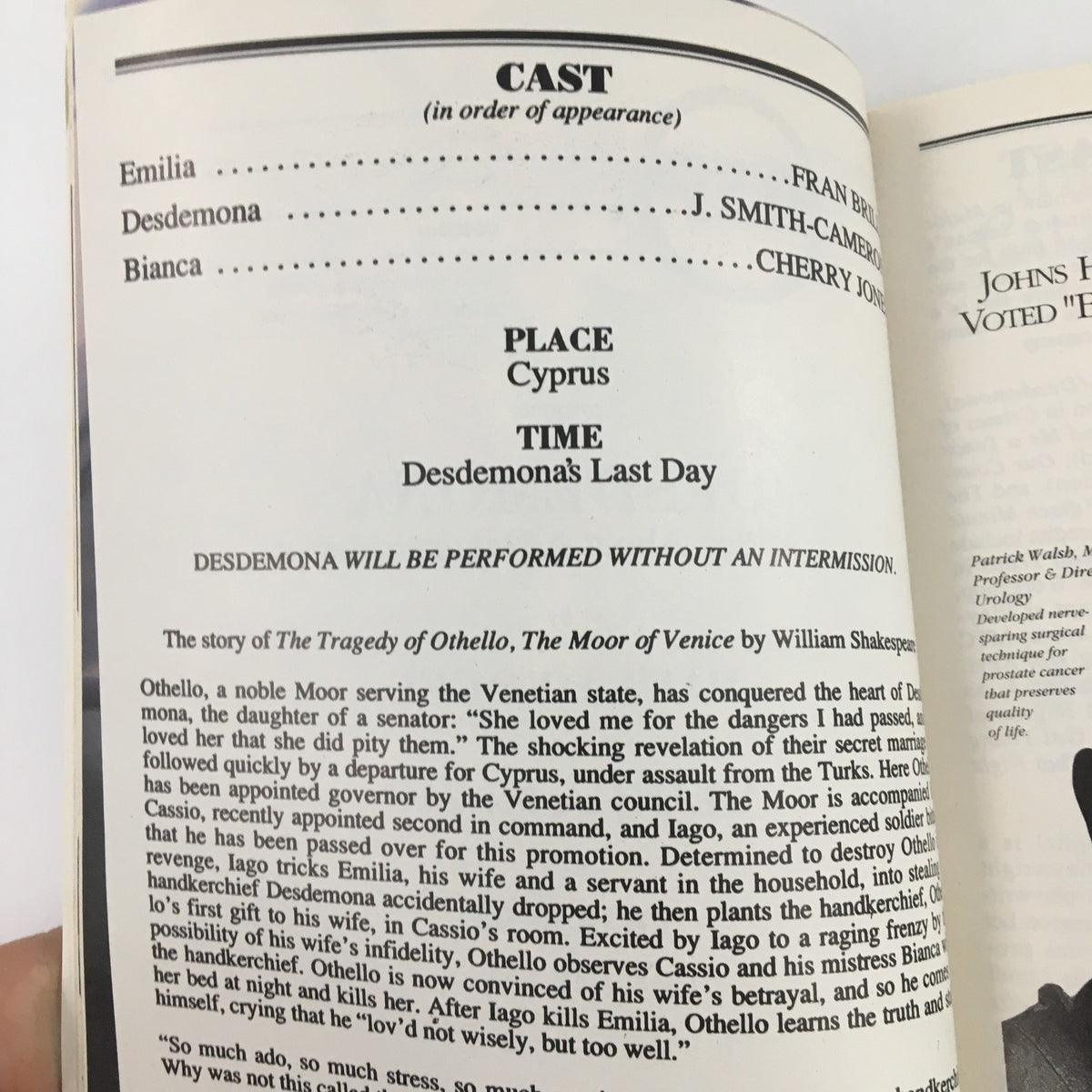 Inside view of the 1993 Playbill for 'Desdemona', showcasing the cast list and details about the character Emilia performed by Fran Brill and character Bianca performed by Cherry Jones.