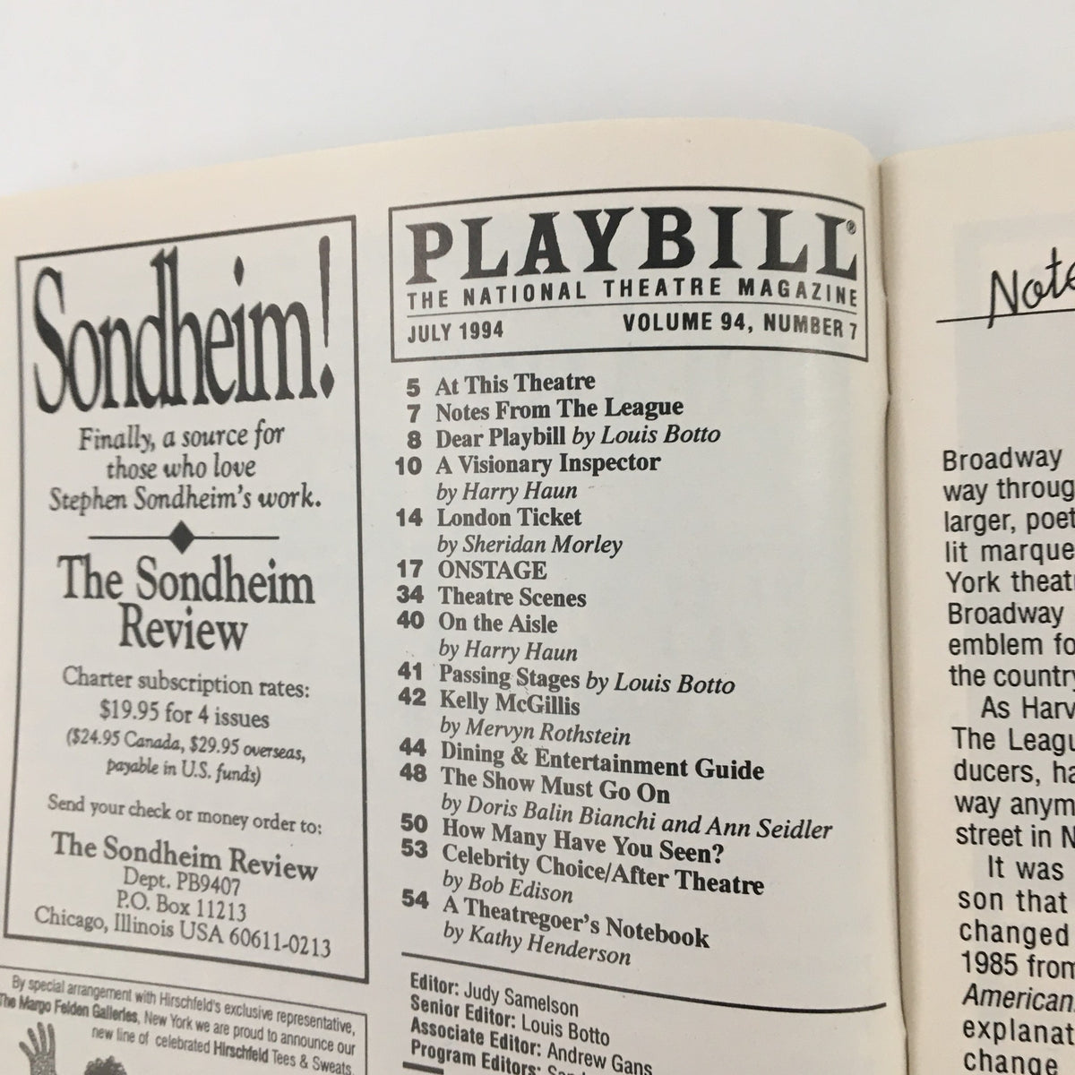 Inside cover of the July 1994 Playbill for the Martin Beck Theatre featuring 'Guys and Dolls'. The page lists articles and features, including a section on Stephen Sondheim, with various contributors highlighted.