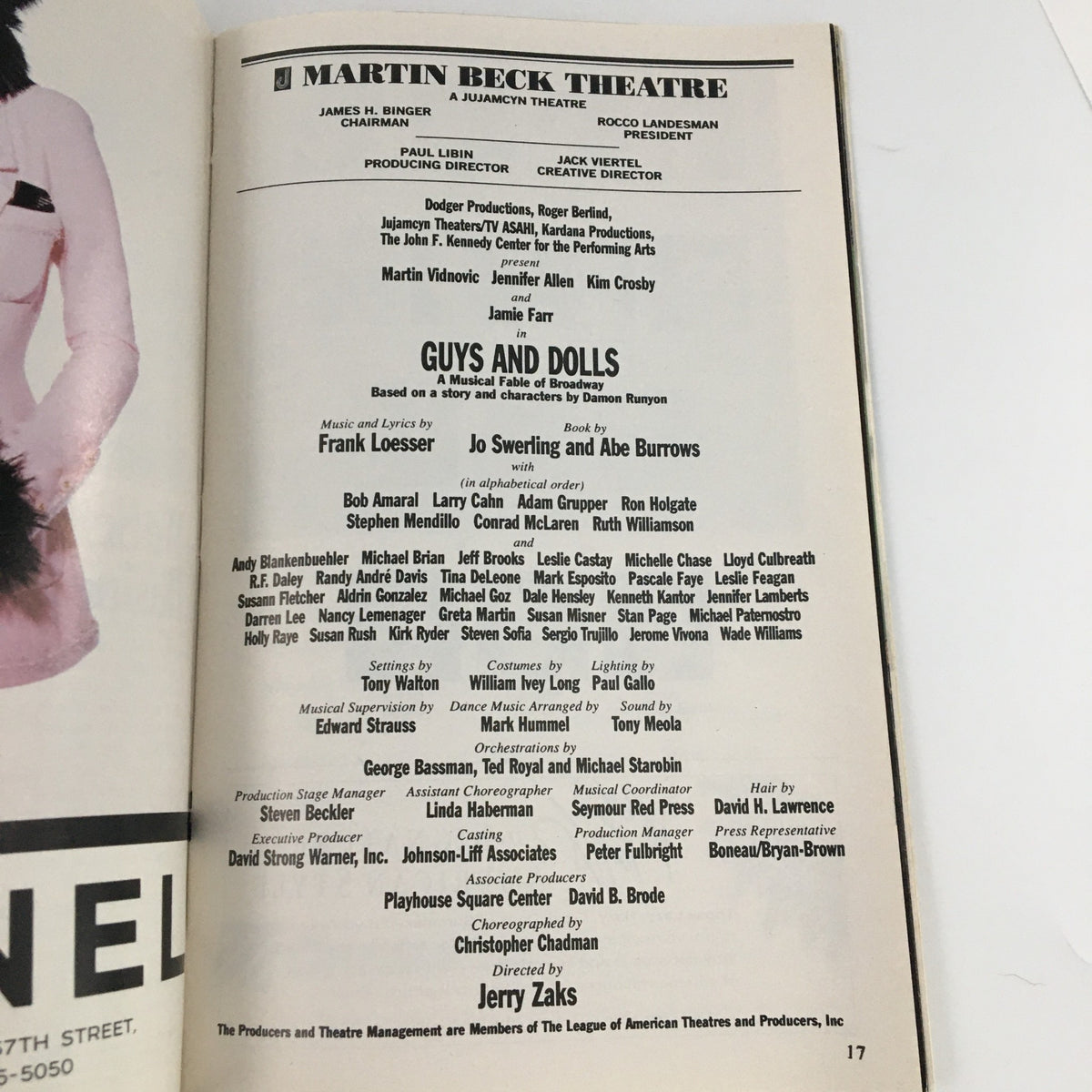 Page showing the cast and crew of the July 1994 Playbill for 'Guys and Dolls' at the Martin Beck Theatre. The page includes key contributors such as Martin Vidnovic and Kim Crosby, along with the musical's book and songwriters.