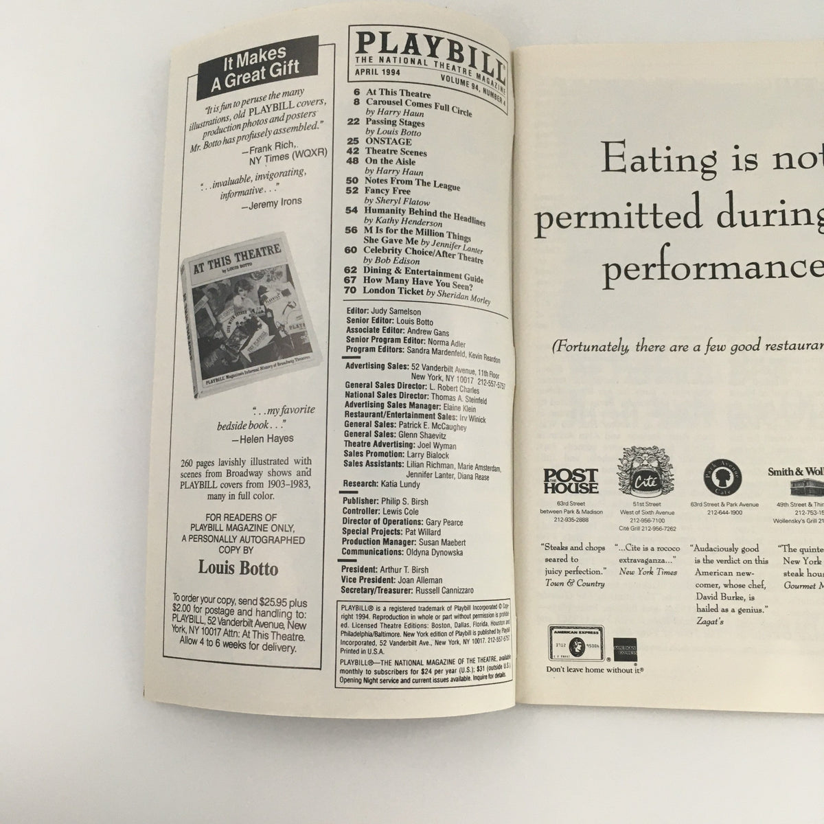 Interior page of the 1994 Playbill for 'Broken Glass' at Booth Theatre, displaying advertisements and details about the production.