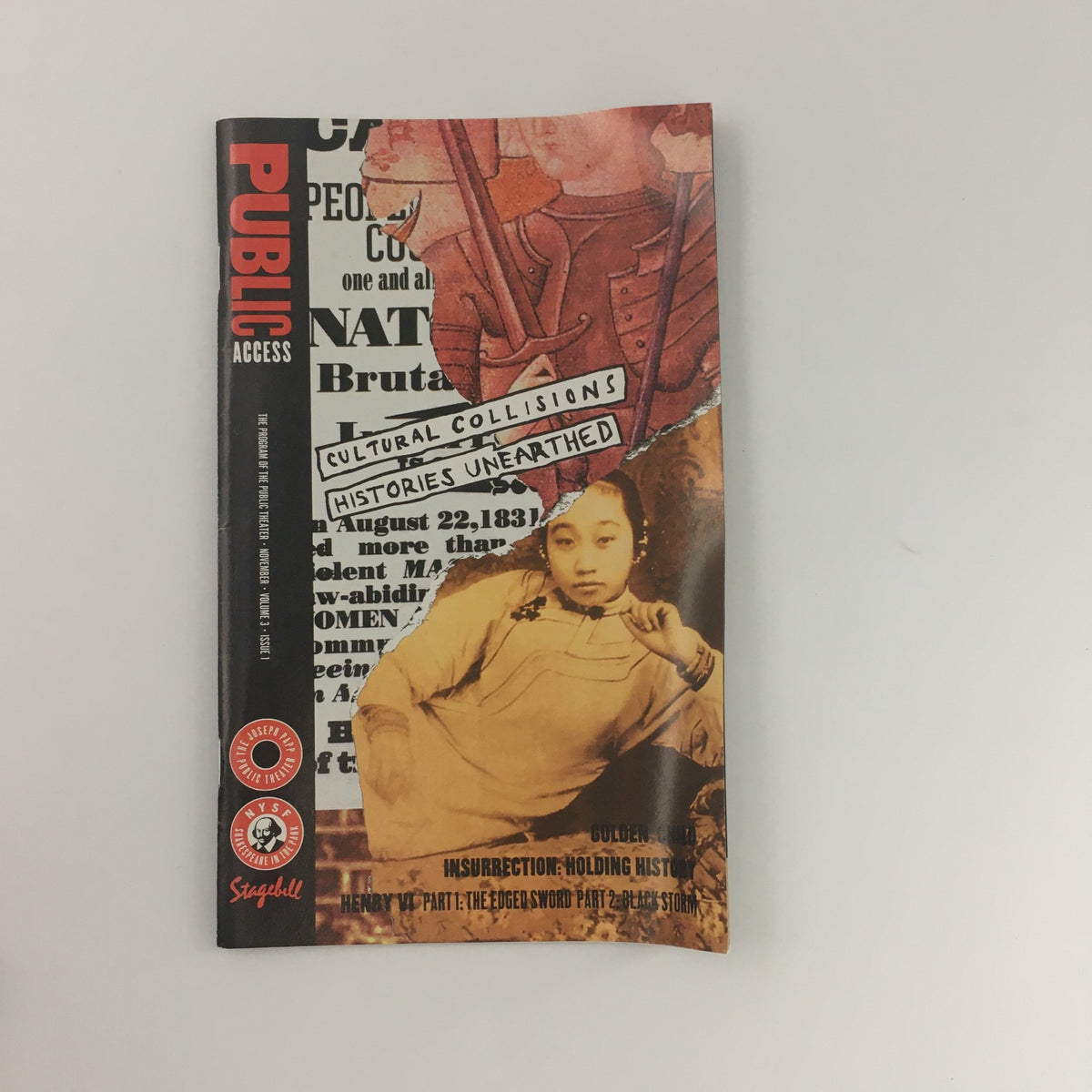 Cover of 1996 Public Access magazine showcasing 'Golden Child' by Joseph Papp Public Theater featuring Tsai Chin and an artistic collage of cultural themes.