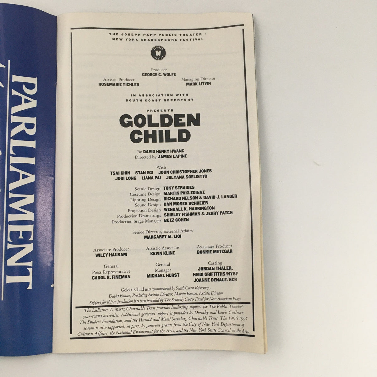 Page from 1996 Public Access magazine listing production details for 'Golden Child', directed by David Henry Hwang, featuring cast members Tsai Chin and Stan Egi.