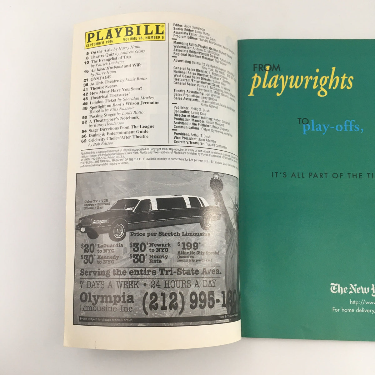 Interior pages of the 1996 Playbill from the Cort Theatre for 'Sex and Longing', showcasing advertisements and listings.