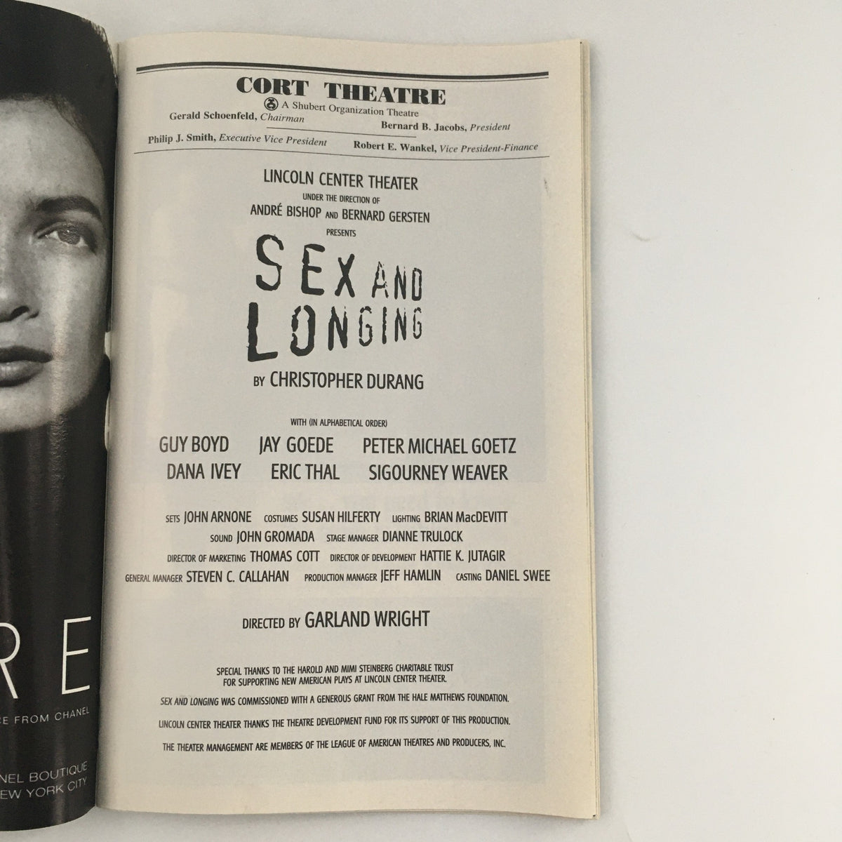 1996 Playbill from Cort Theatre for 'Sex and Longing' featuring actor credits including Guy Boyd, Jay Goede, and Eric Thal, showcasing the production details on a vintage theater program.