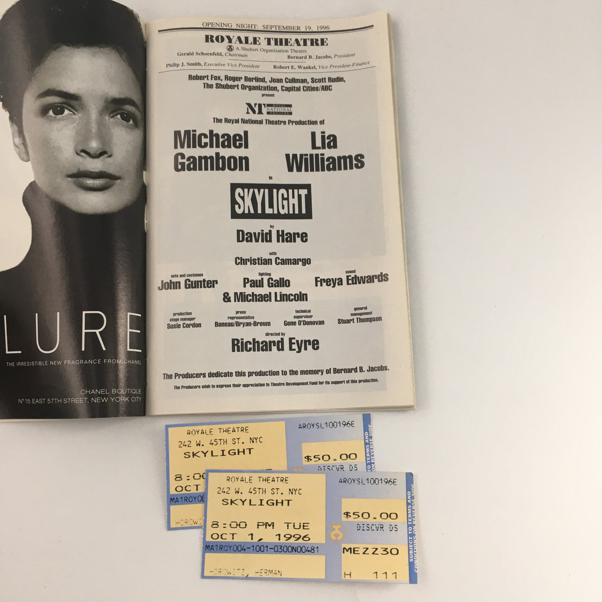 Original tickets and program page from the 1996 Playbill for 'Skylight' at Royale Theatre, featuring Michael Gambon and Lia Williams.