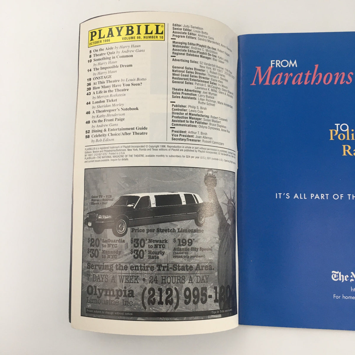 Inside view of the 1996 Playbill for 'The Blues Are Running' showcasing advertisements and production details from the Manhattan Theatre Club.