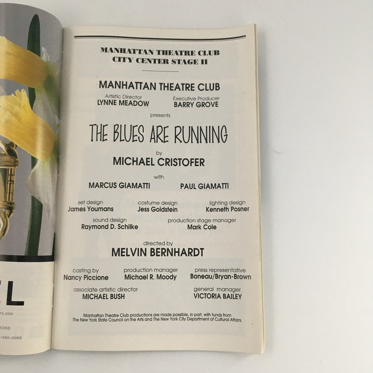 Feature page of the 1996 Playbill for 'The Blues Are Running' by Michael Cristofor featuring cast details including Marcus Giamatti.