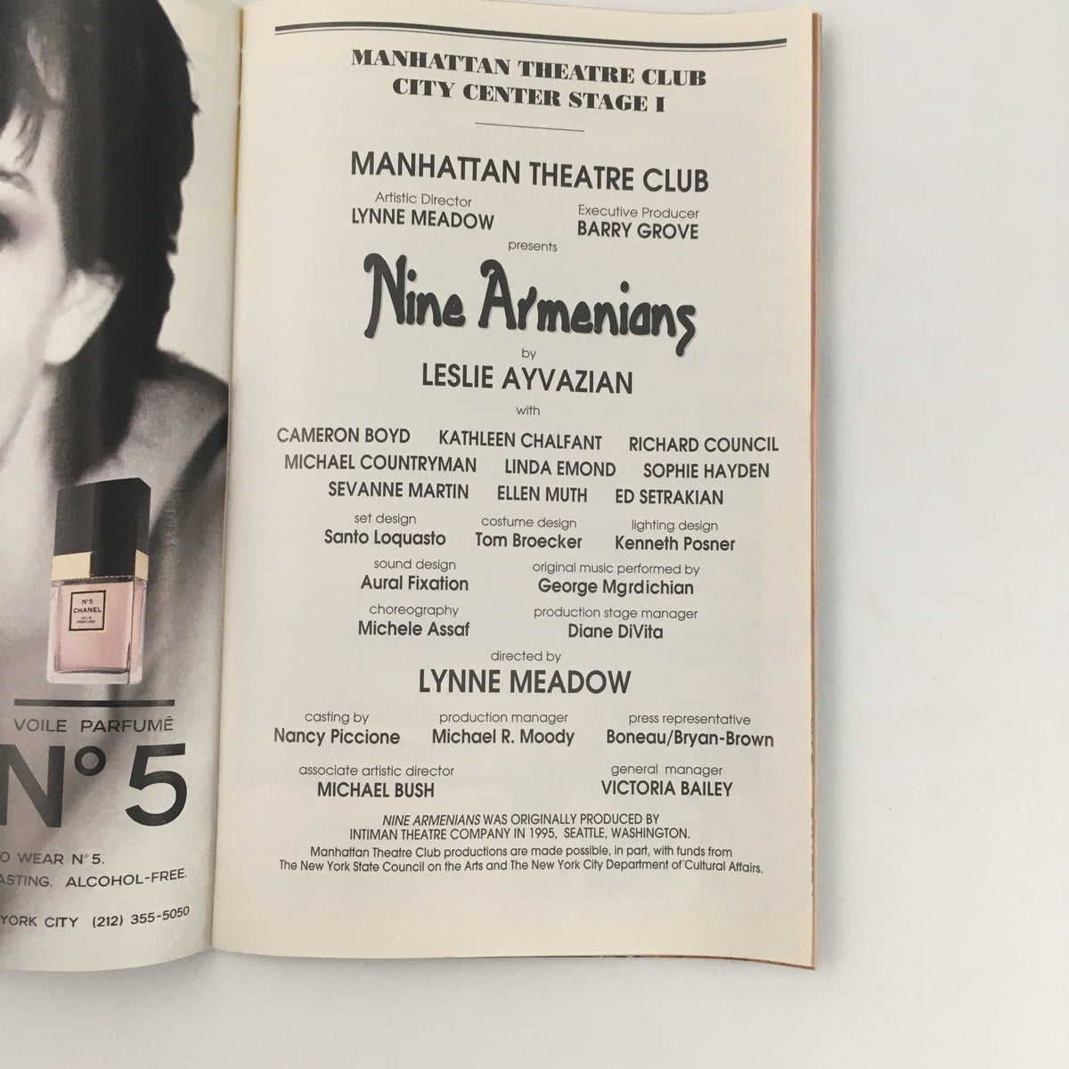 1996 Playbill for 'Nine Armenians' at Manhattan Theatre Club featuring cast details and production team information.