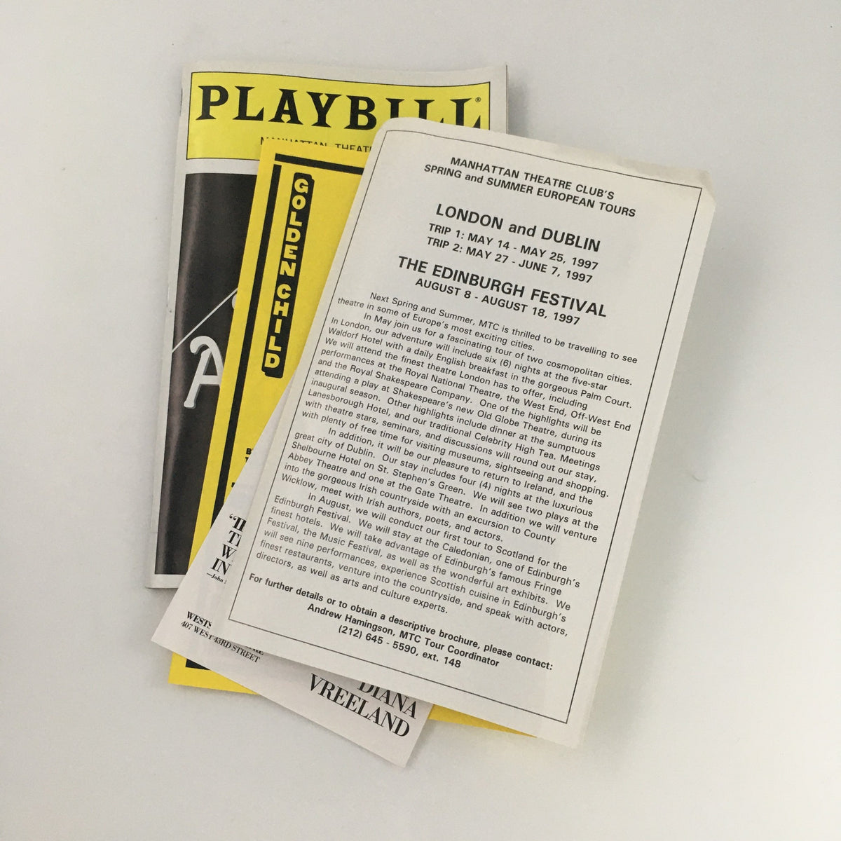 Playbills showcasing various productions from the Manhattan Theatre Club including the 'Golden Child' and Edinburgh Festival details.