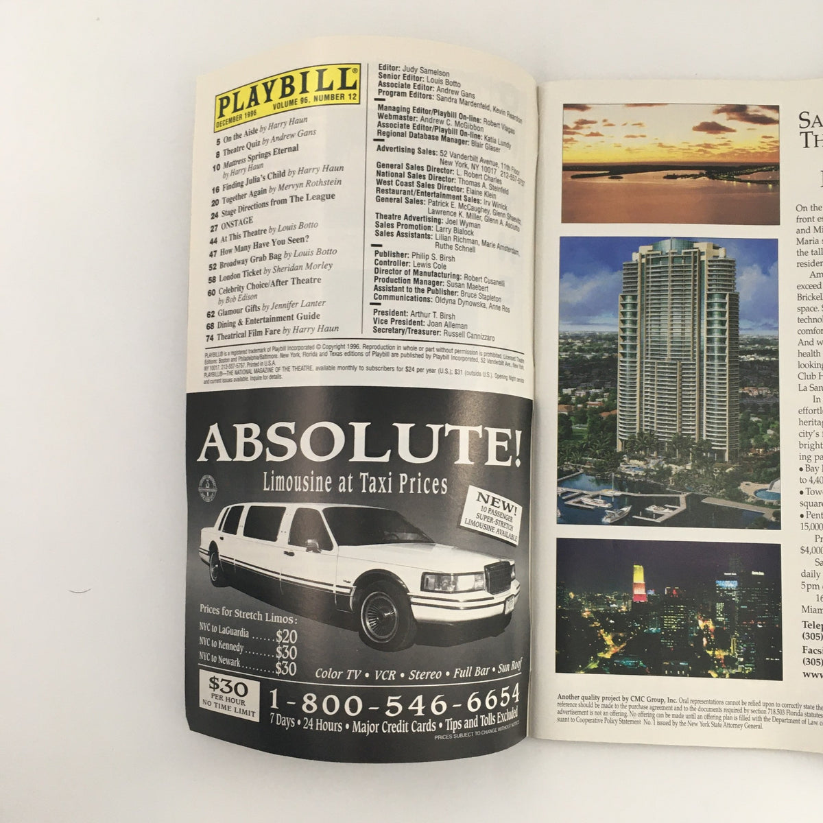 Inside view of the 1996 Playbill for Juan Darien with listings of shows and advertisements, showcasing its collectible nature.