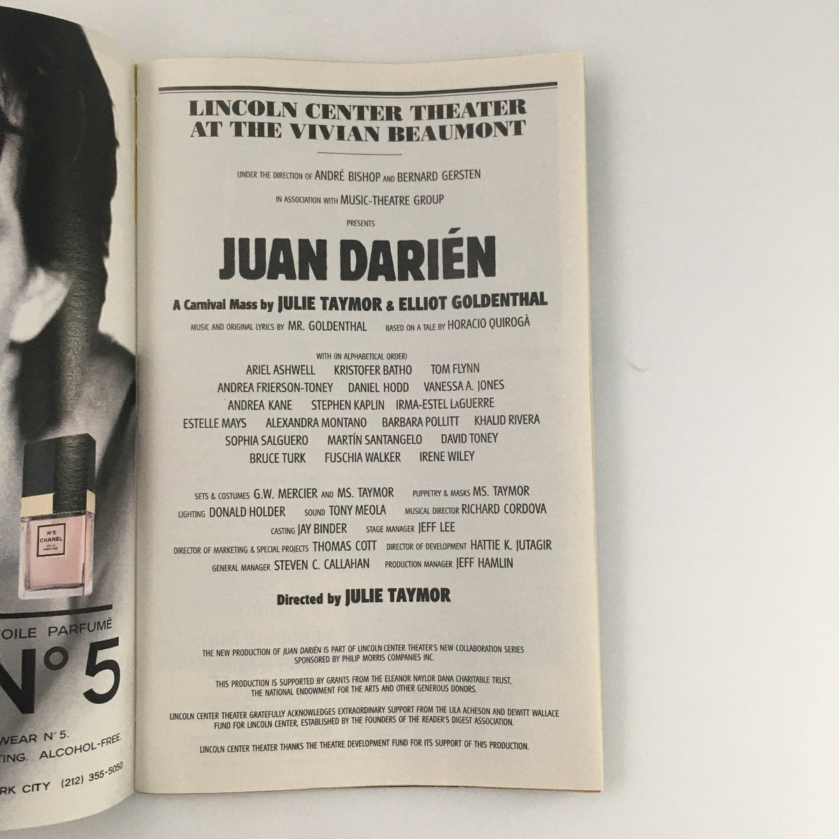 1996 Playbill for Lincoln Center Theater production of 'Juan Darien', featuring cast members Ariel Ashwell and Tom Flynn, showcasing the theater program and production details.