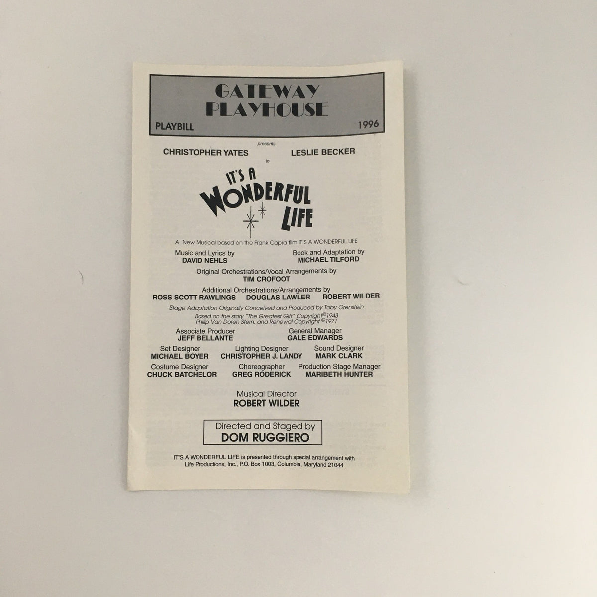 Front cover of the 1996 Playbill for Gateway Playhouse's production of 'It's A Wonderful Life', featuring Christopher Yates.