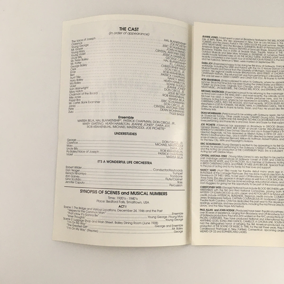 Inside pages of the 1996 Playbill for Gateway Playhouse's 'It's A Wonderful Life', detailing the cast and creative team.