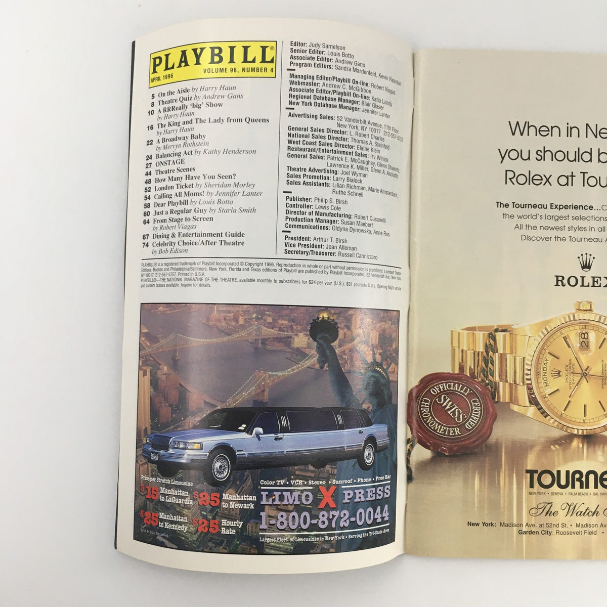 1996 Playbill from Walter Kerr Theatre featuring the play 'Seven Guitars' with Rosalyn Coleman and Viola Davis, showcasing the inside pages including advertisements and listings.