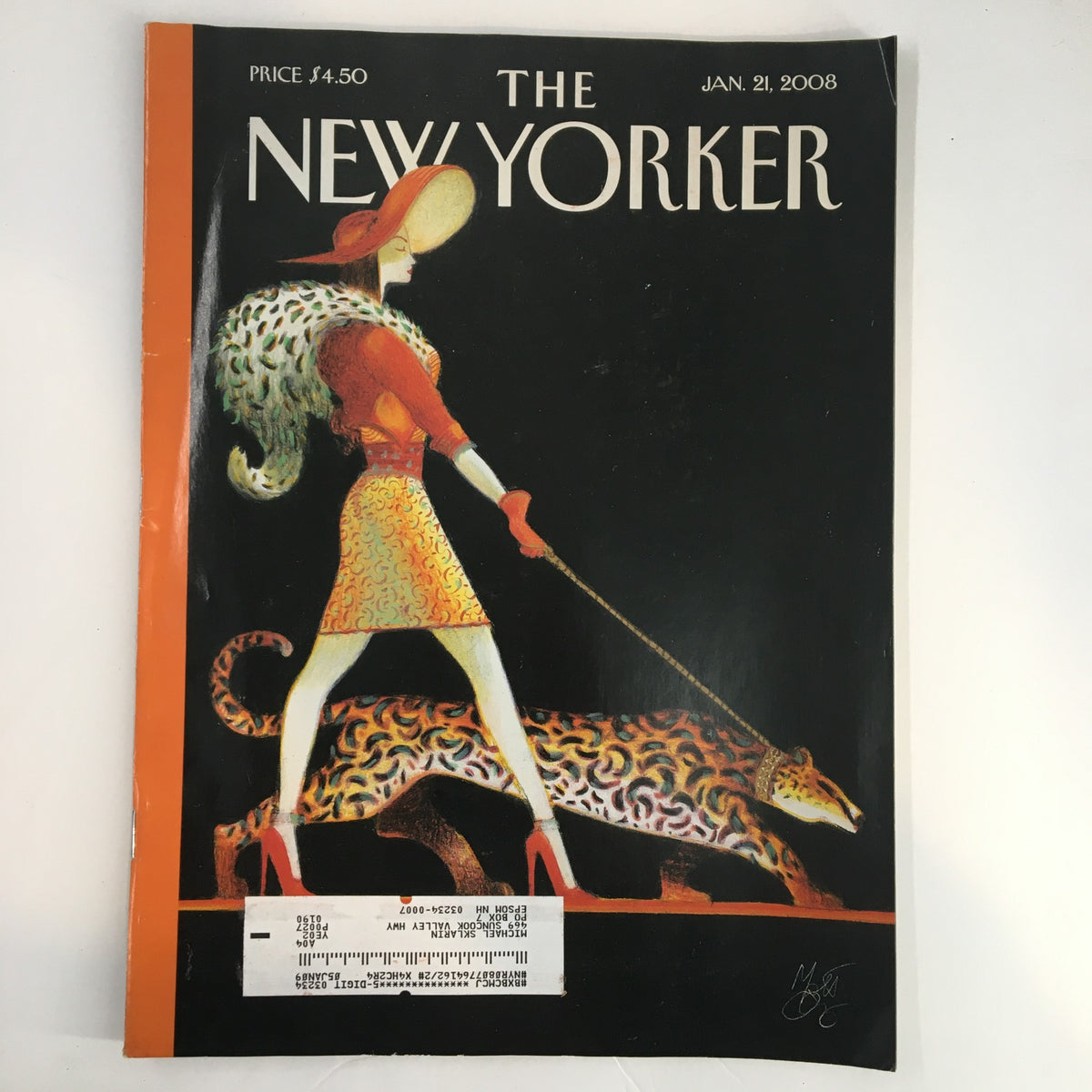 Cover of The New Yorker Full Magazine January 21, 2008 featuring art by Lorenzo Mattotti, depicting a woman in a stylish outfit walking a leopard, showcasing the unique illustrative style of contemporary art.