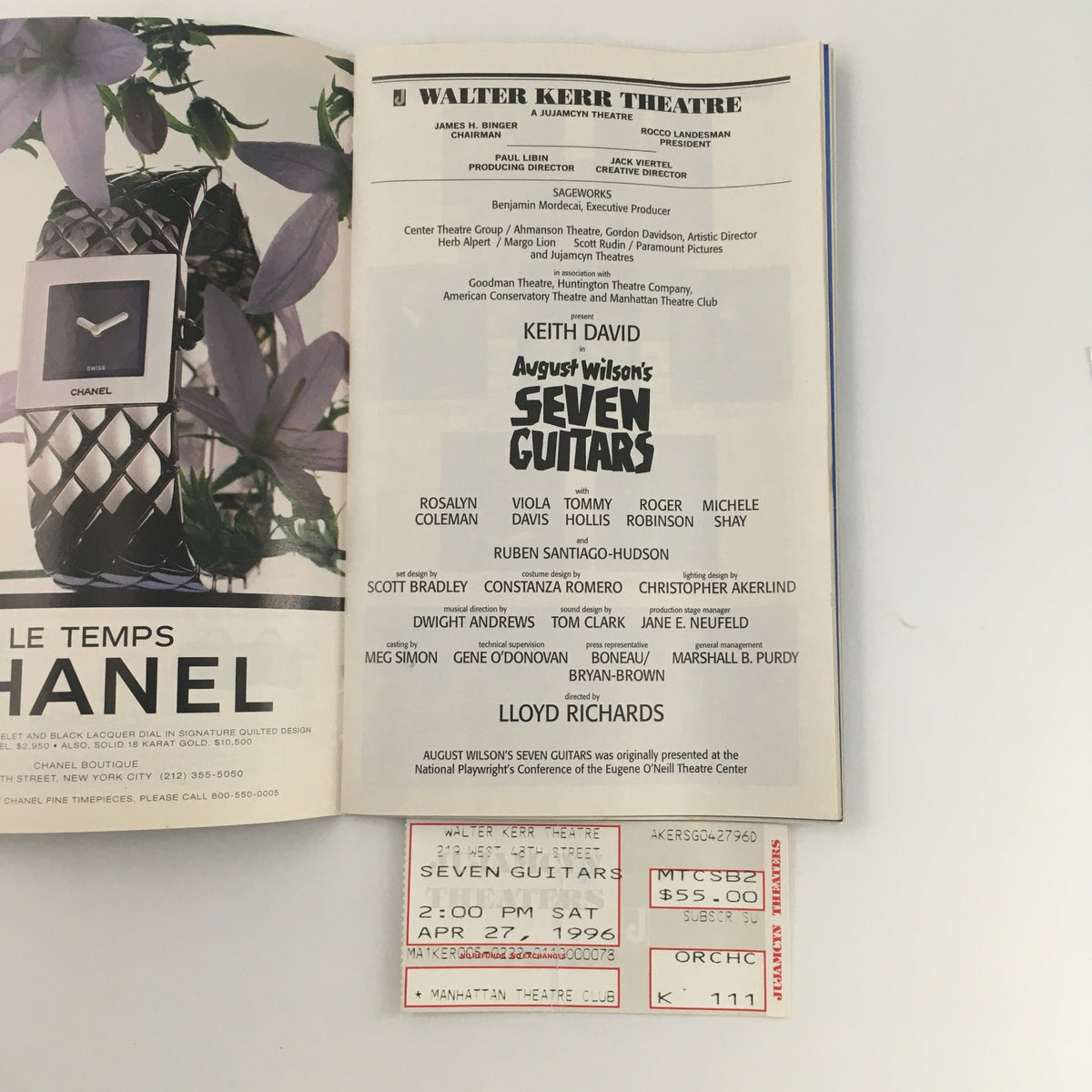 1996 Playbill Walter Kerr Theatre for 'Seven Guitars' by August Wilson, displaying cast details and an original ticket for the performance dated April 27, 1996.