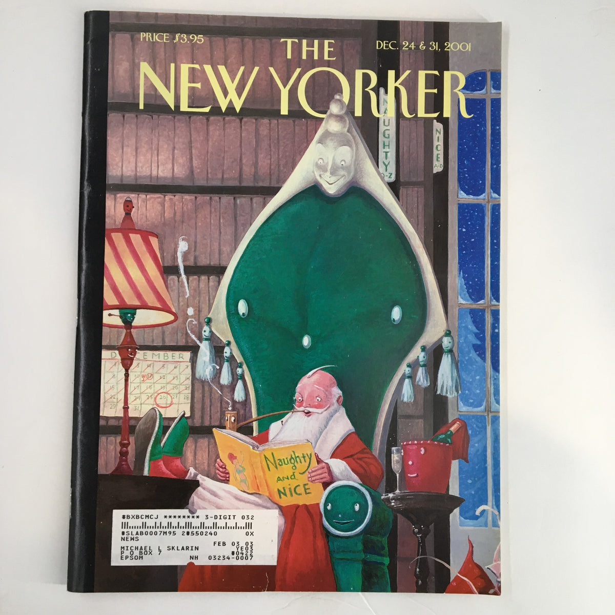 Cover of The New Yorker Full Magazine December 24, 2001, featuring a whimsical illustration by William Joyce with Santa reading a book titled 'Naughty and Nice'.