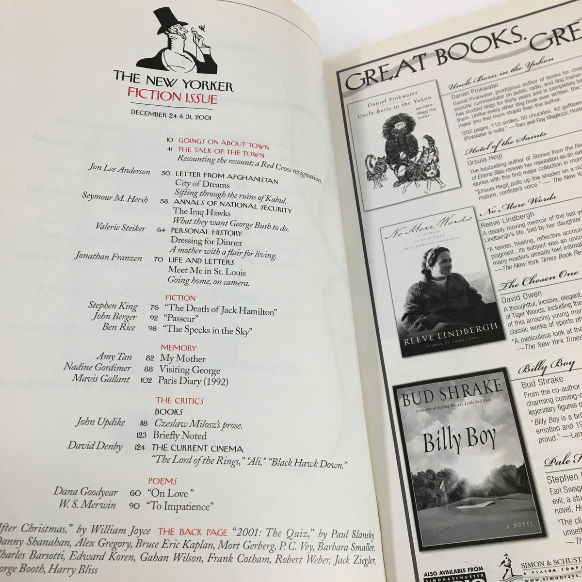 Interior page of The New Yorker Full Magazine December 24, 2001, showcasing the Fiction Issue with notable stories and author highlights.