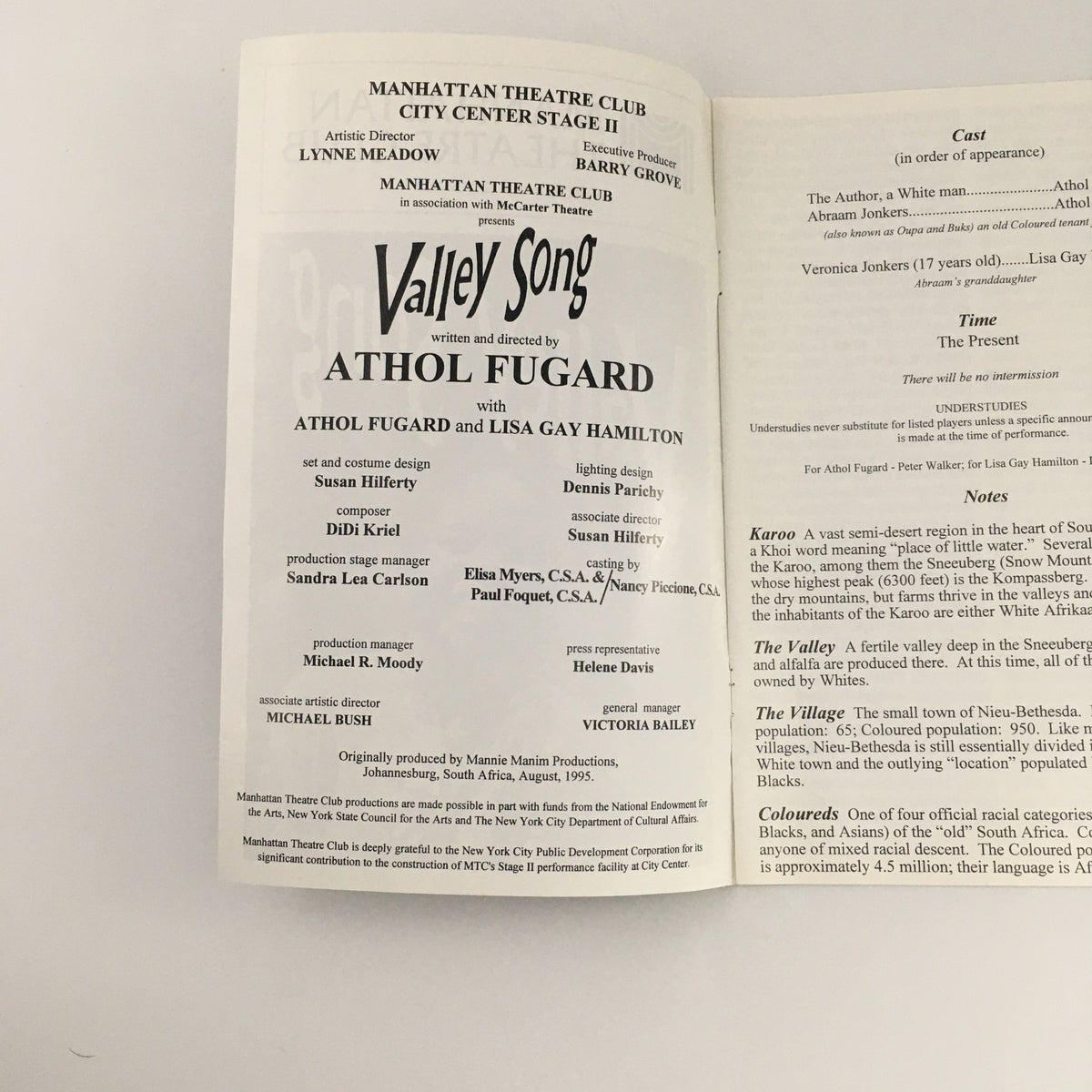 1995 Manhattan Theatre Club Stage II 'Valley Song' Athol Fugard, Lisa Hamilton