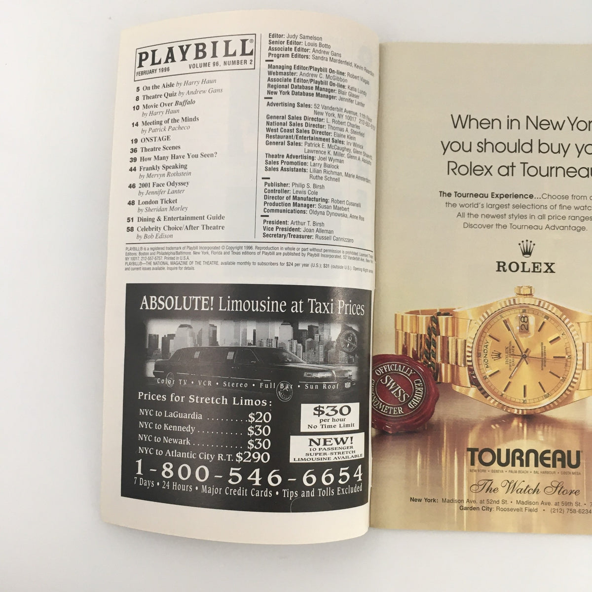 Interior page of the 1996 Playbill for 'Blue Window', featuring listings and advertisements including a Rolex ad for Tourneau.
