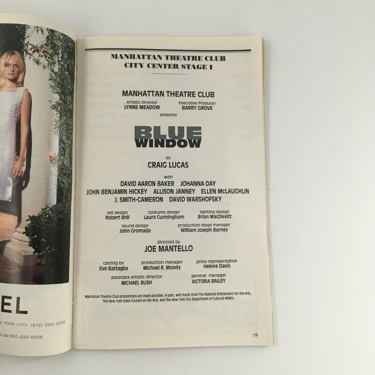 1996 Playbill for 'Blue Window' at Manhattan Theatre Club featuring David Aaron Baker and Johanna Day, showcasing the show's details and production team.