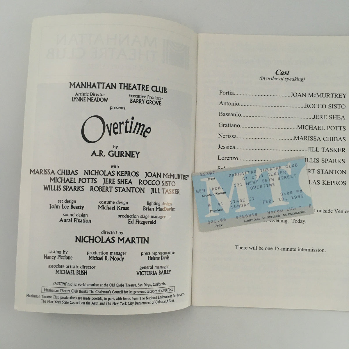 1996 Manhattan Theatre Club 'Overtime' program featuring cast details including Marissa Chibas and Nicholas Kepros, along with the original ticket from the event.