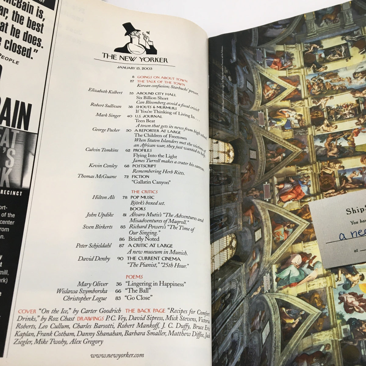 Inside page of The New Yorker Full Magazine January 13 2003 listing contributing writers and articles.