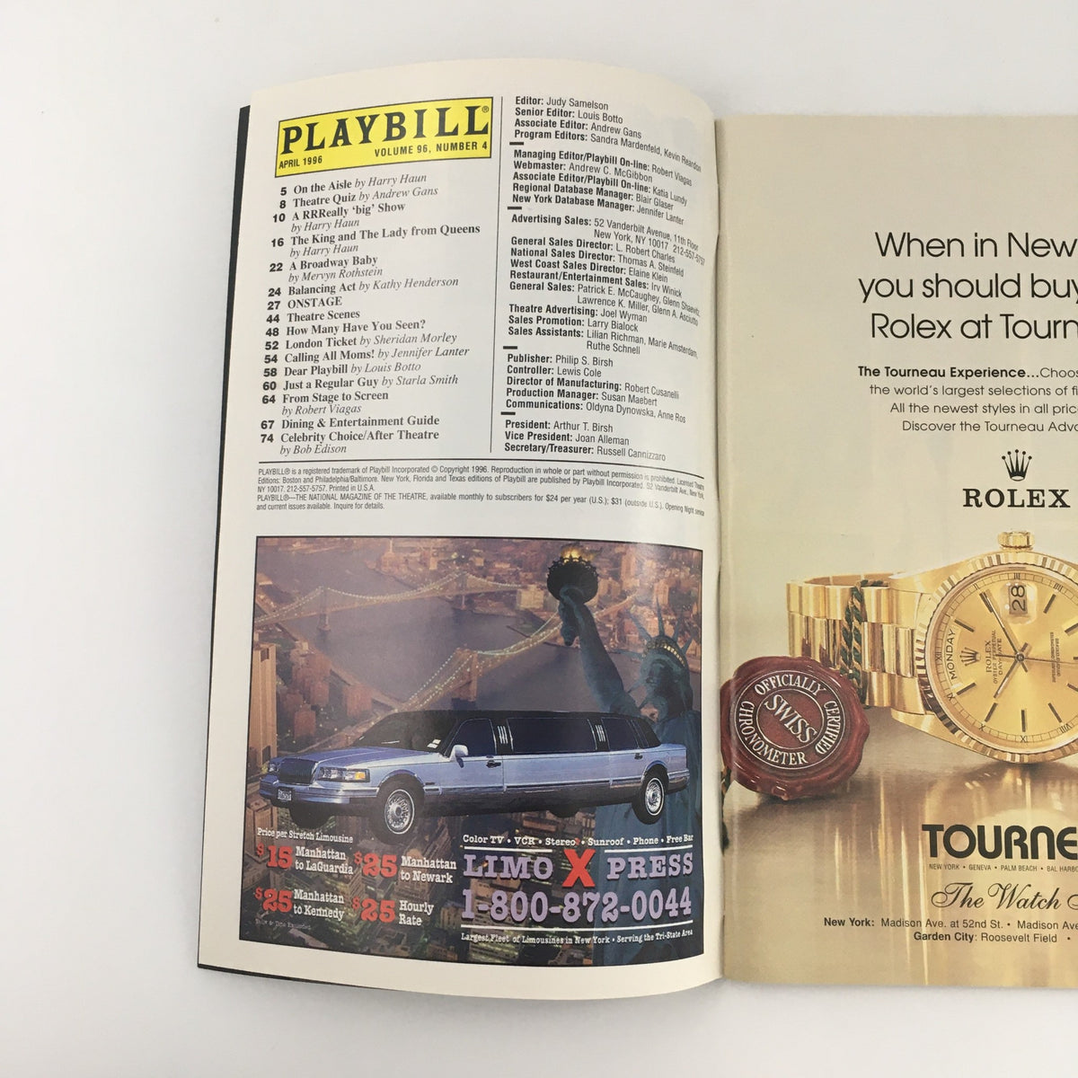 Interior page of the April 1996 Playbill showcasing articles and advertisements, including details from 'The Size of the World' at Circle Repertory Theater.
