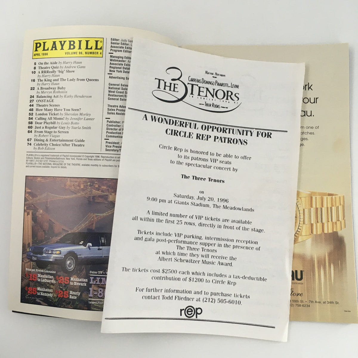 Additional page of the April 1996 Playbill with exclusive VIP ticket offer for Circle Rep patrons featuring 'The Size of the World' concert.