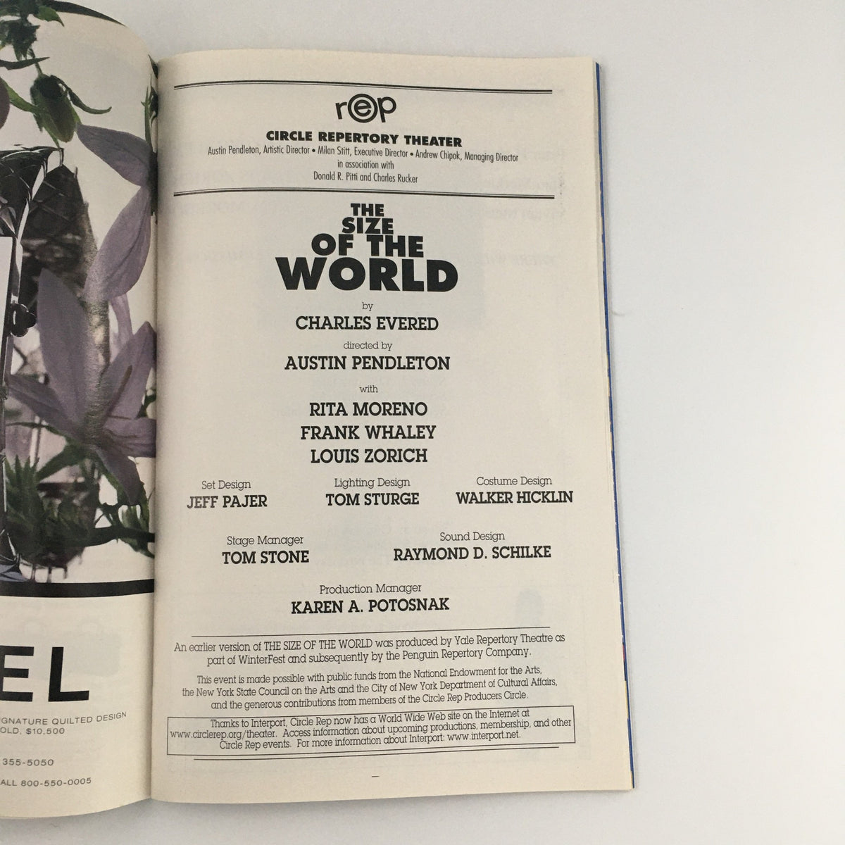 Cast and crew credits for 'The Size of the World' in the Circle Repertory Theater's 1996 Playbill, highlighting key figures like Frank Whaley and Rita Moreno.