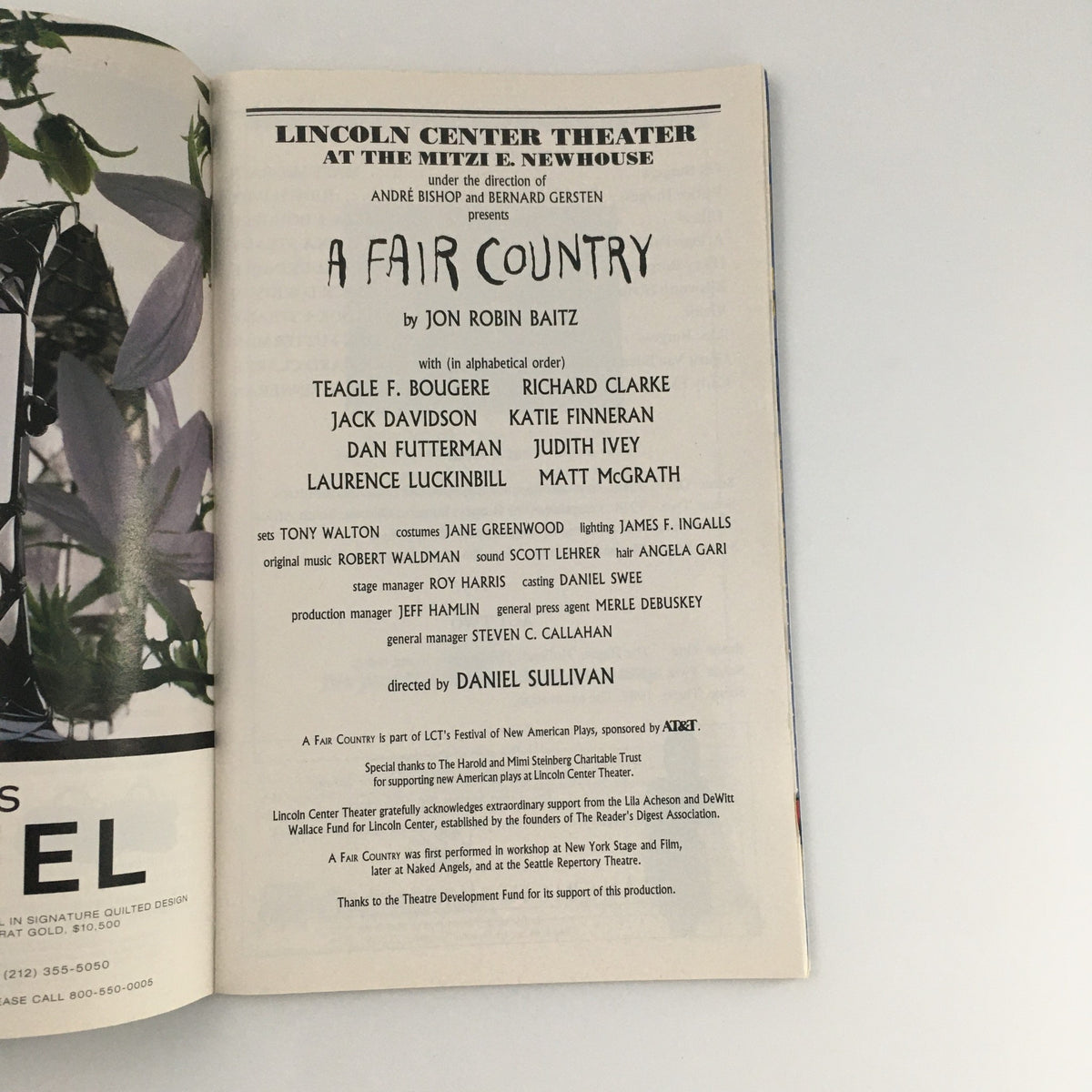 Page from the 1996 Playbill for 'A Fair Country' listing the cast and crew members, highlighting actors Teagle F. Bougere and Judith Ivey.