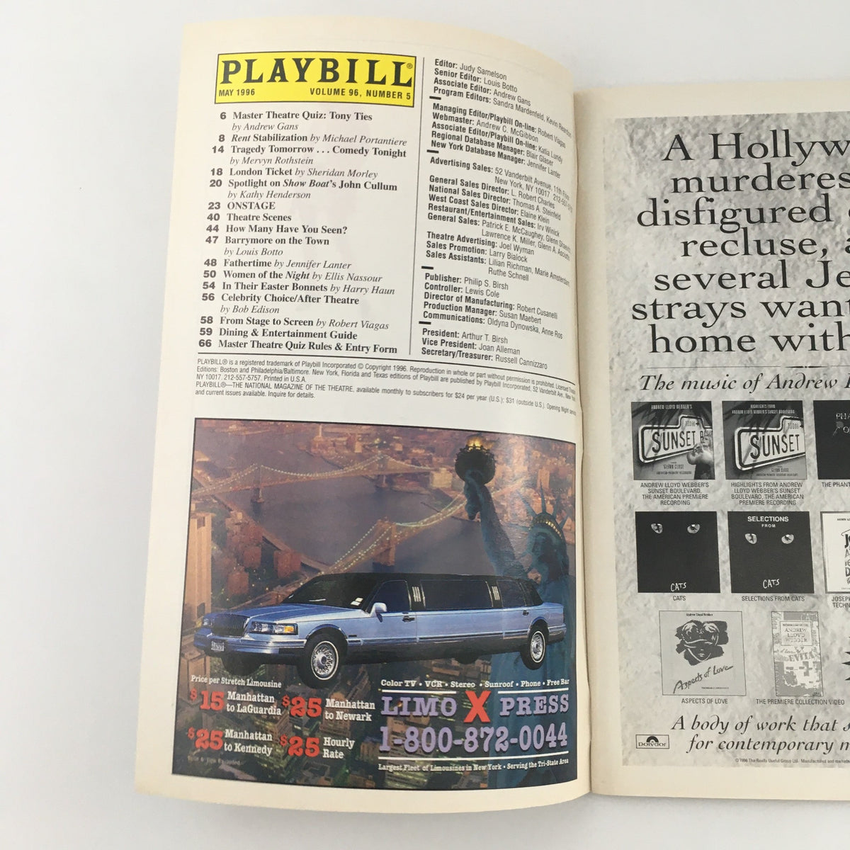 Inside view of 1996 Playbill for 'Arts & Leisure' at Playwrights Horizons, displaying the performance details and an advertisement for LIMO X PRESS.