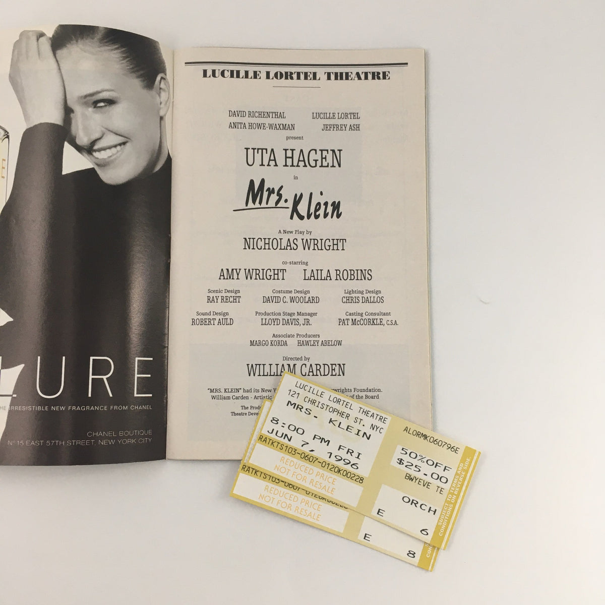 Inside page of the 1996 Playbill for 'Mrs. Klein' featuring Uta Hagen and Amy Wright, along with original performance tickets, highlighting the connection to theatrical history.
