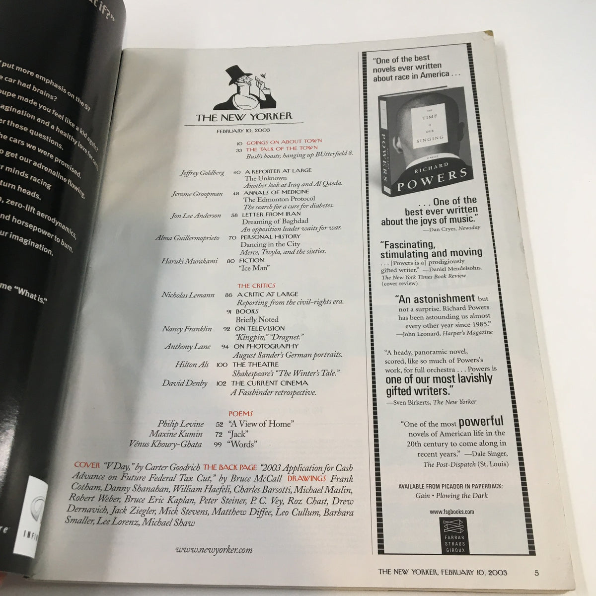 Inside page of The New Yorker Full Magazine February 10 2003, displaying the contents list and featured articles.
