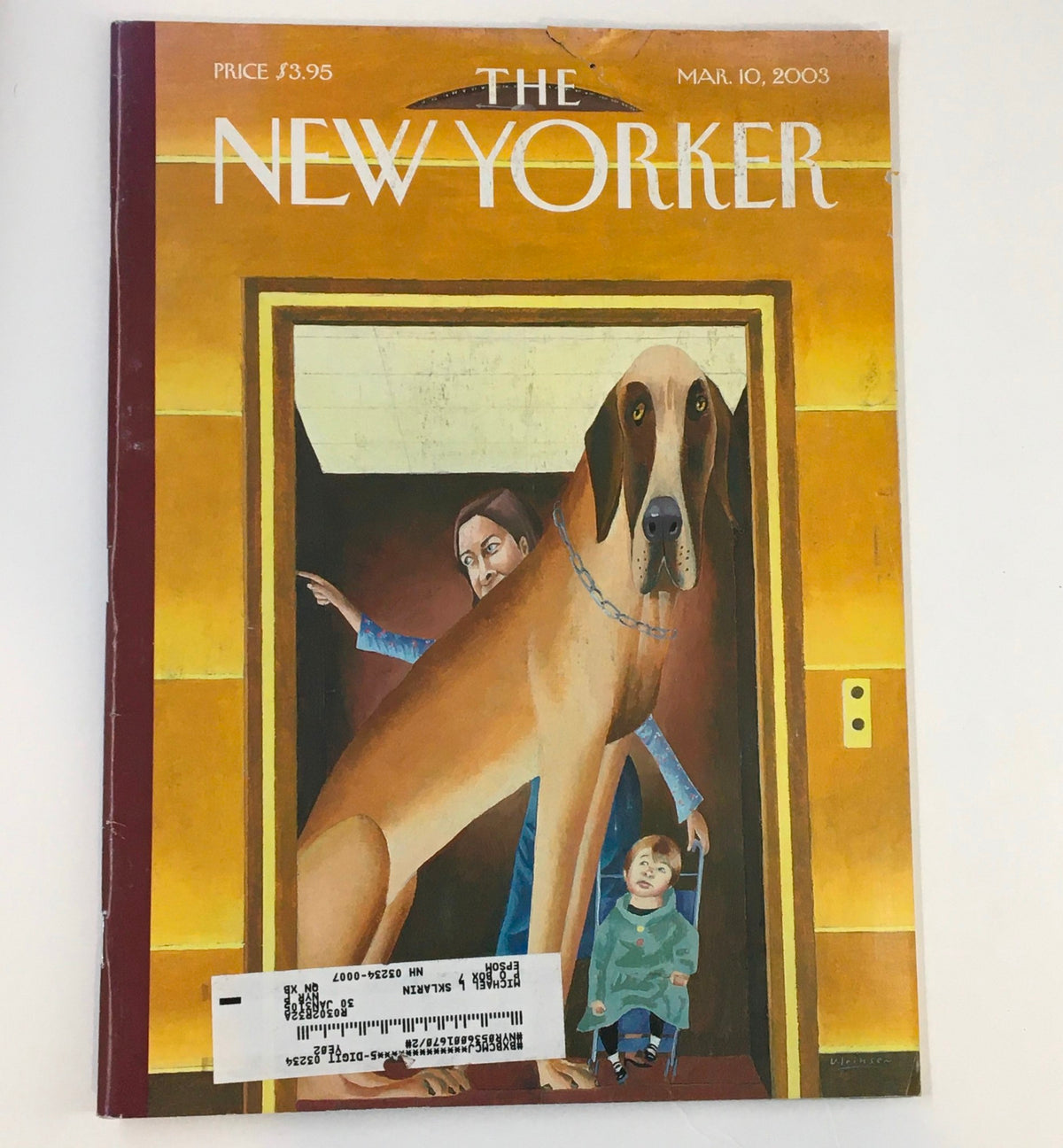 Cover of The New Yorker magazine from March 10, 2003 titled 'There's A Crowd' by Mark Ulriksen, featuring a large dog, a child, and a woman in a doorway.