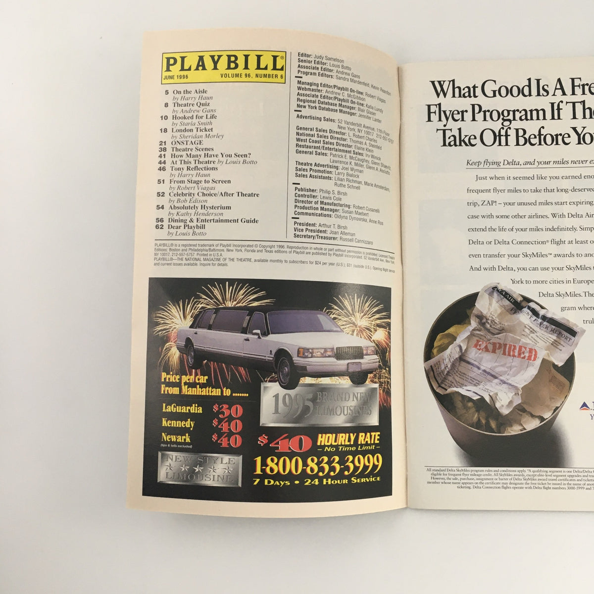 Inside view of the 1996 Playbill for 'The Shawl' at Playhouse 91 showing advertisements and program details.