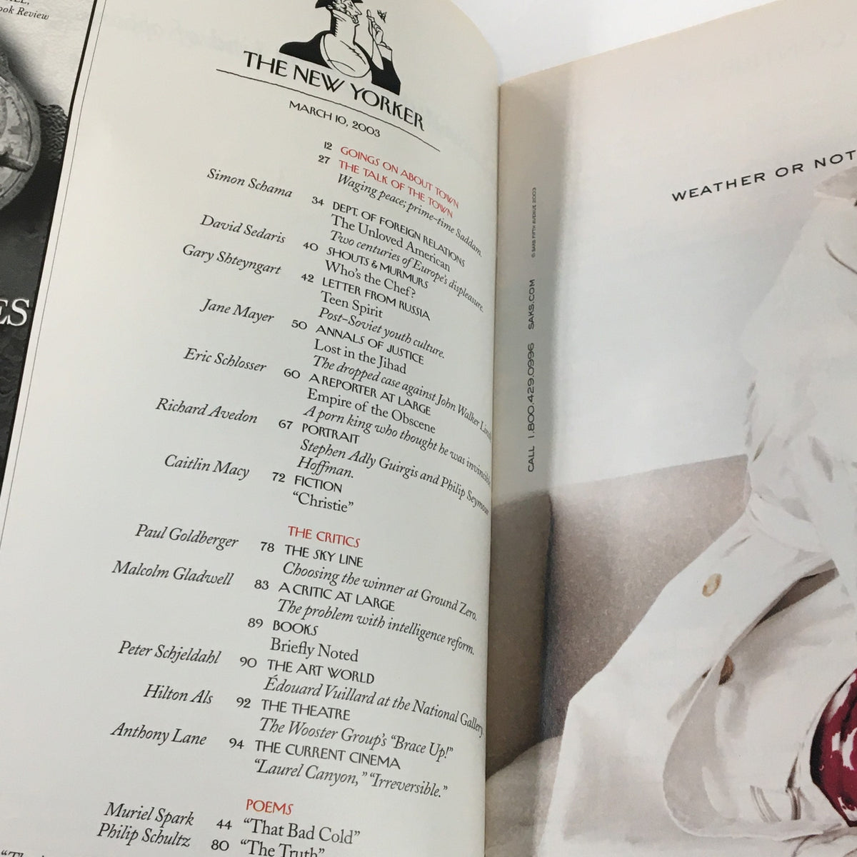 Interior page of The New Yorker magazine, March 10, 2003, featuring the table of contents and article titles related to cultural and social themes, including 'There's A Crowd' by Mark Ulriksen.