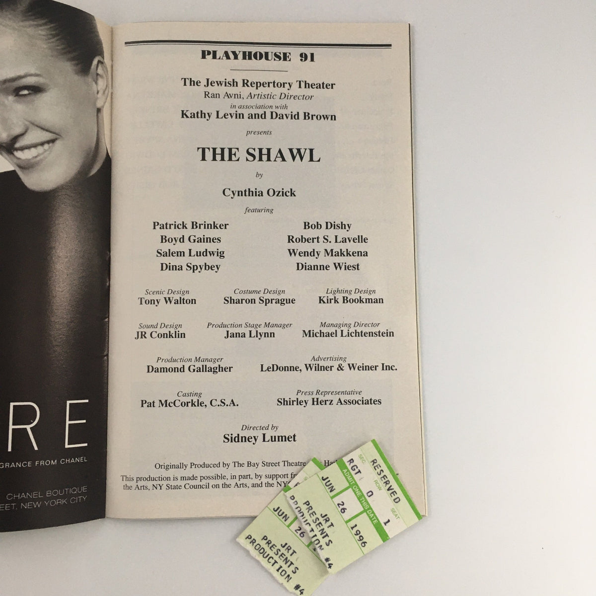 Details page of the 1996 Playbill for 'The Shawl' at Playhouse 91, including cast members Patrick Brinker and Salem Ludwig, and an original ticket stub.