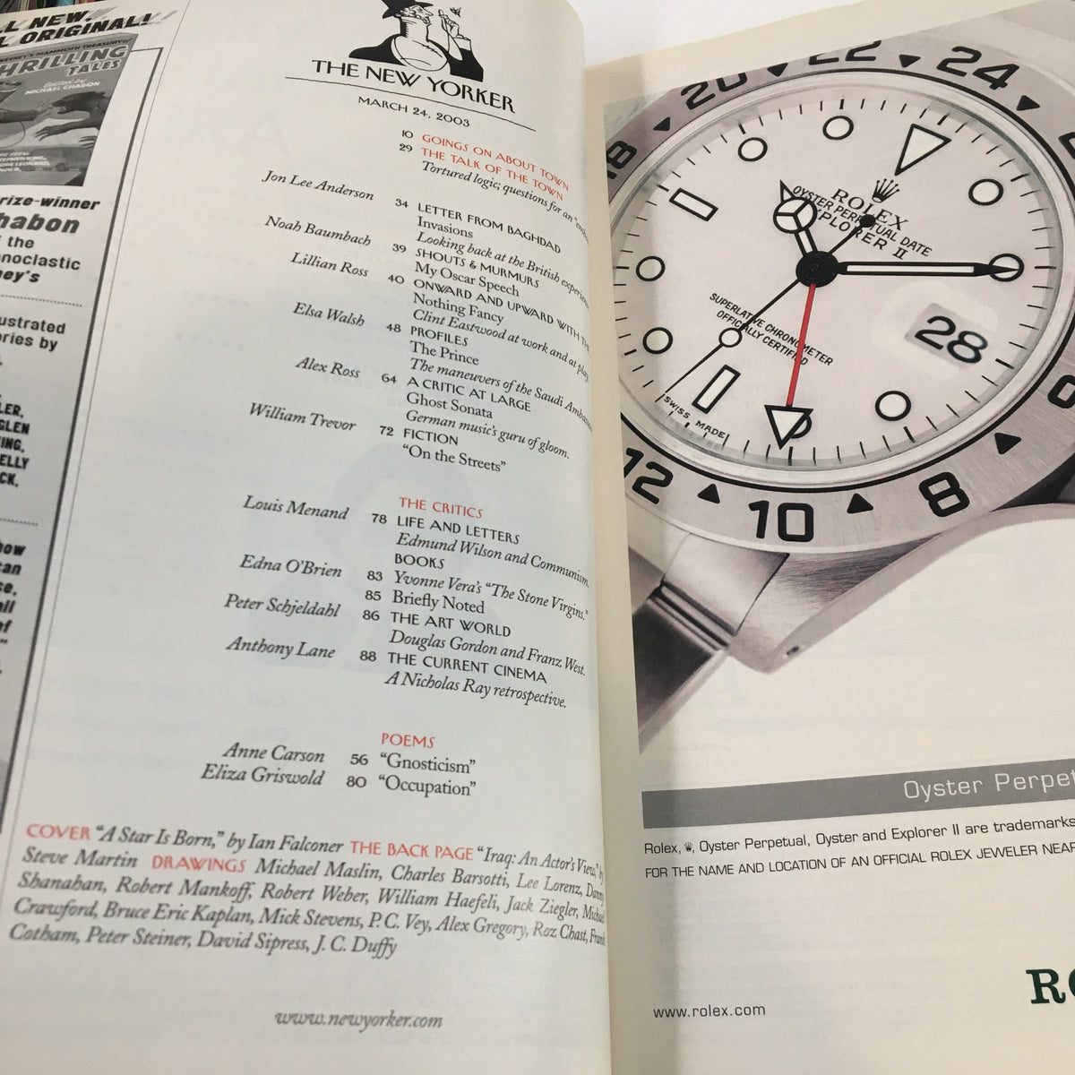 Interior page of The New Yorker Full Magazine March 24 2003 showcasing editorial content and advertising, including the table of contents and Rolex advertisement.
