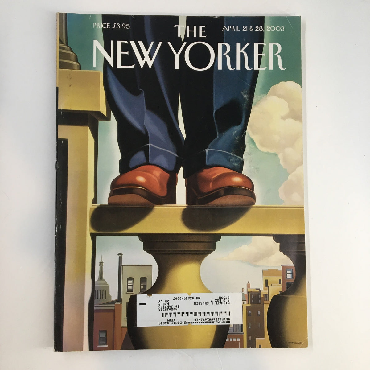 Cover of The New Yorker Magazine April 21, 2003, featuring the striking illustration 'War Without End' by Kenton Nelson, showcasing a figure standing on a balcony.
