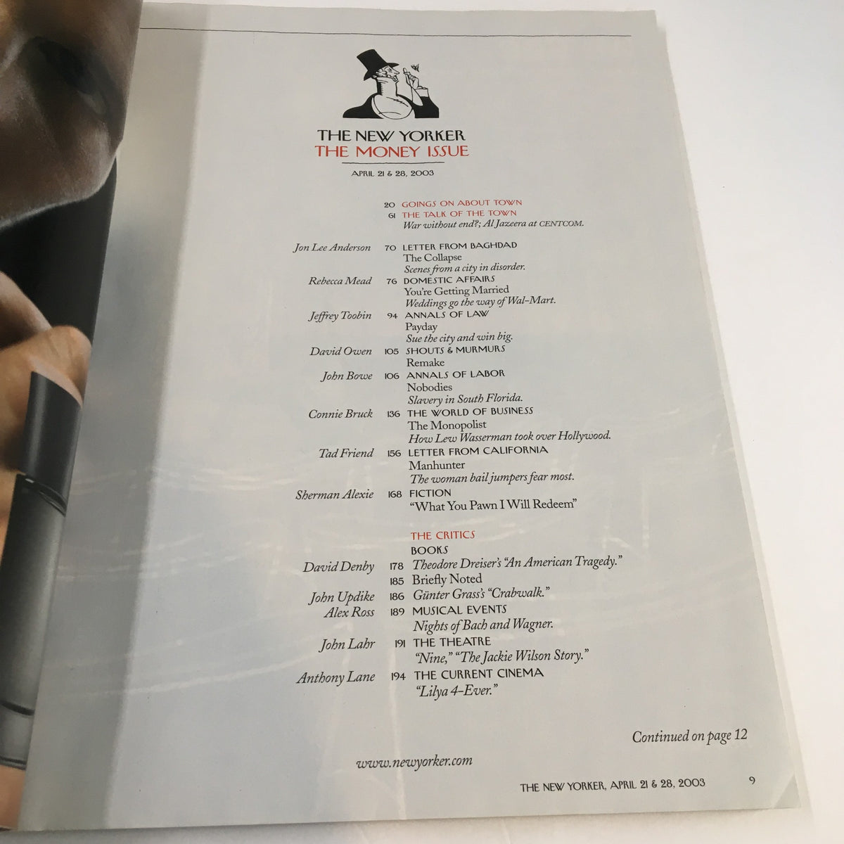 Inside page of The New Yorker Magazine April 21, 2003, featuring contents and articles from the issue, contributing to its historical significance.