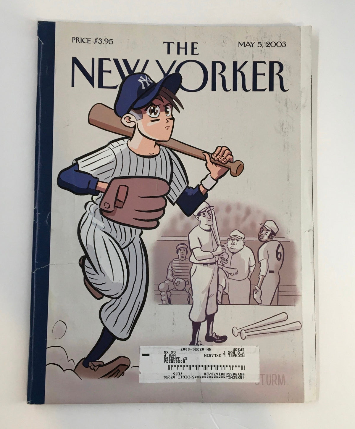 Cover of The New Yorker magazine from May 5, 2003, featuring an illustrated baseball player by James Sturn. The magazine captures early 2000s culture.