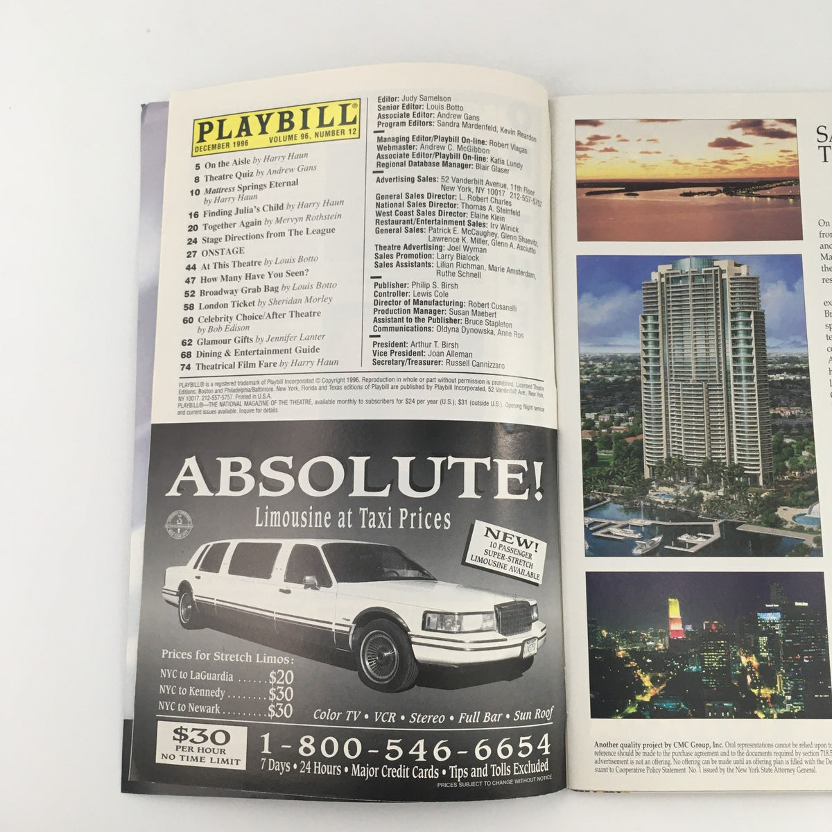 Inside page of the 1996 Playbill from the John Houseman Theater featuring a list of performances and an advertisement for limousine services.