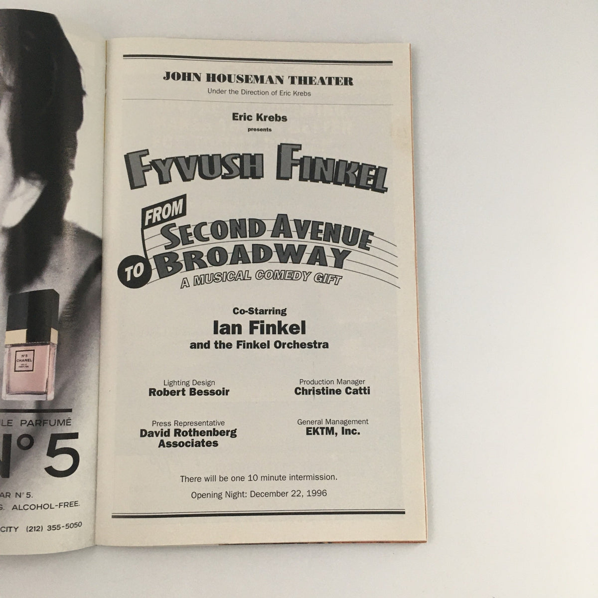 Second inside page of the 1996 Playbill from the John Houseman Theater featuring Fyvush Finkel, Ian Finkel, and the Finkel Orchestra in the production 'From Second Avenue to Broadway.'