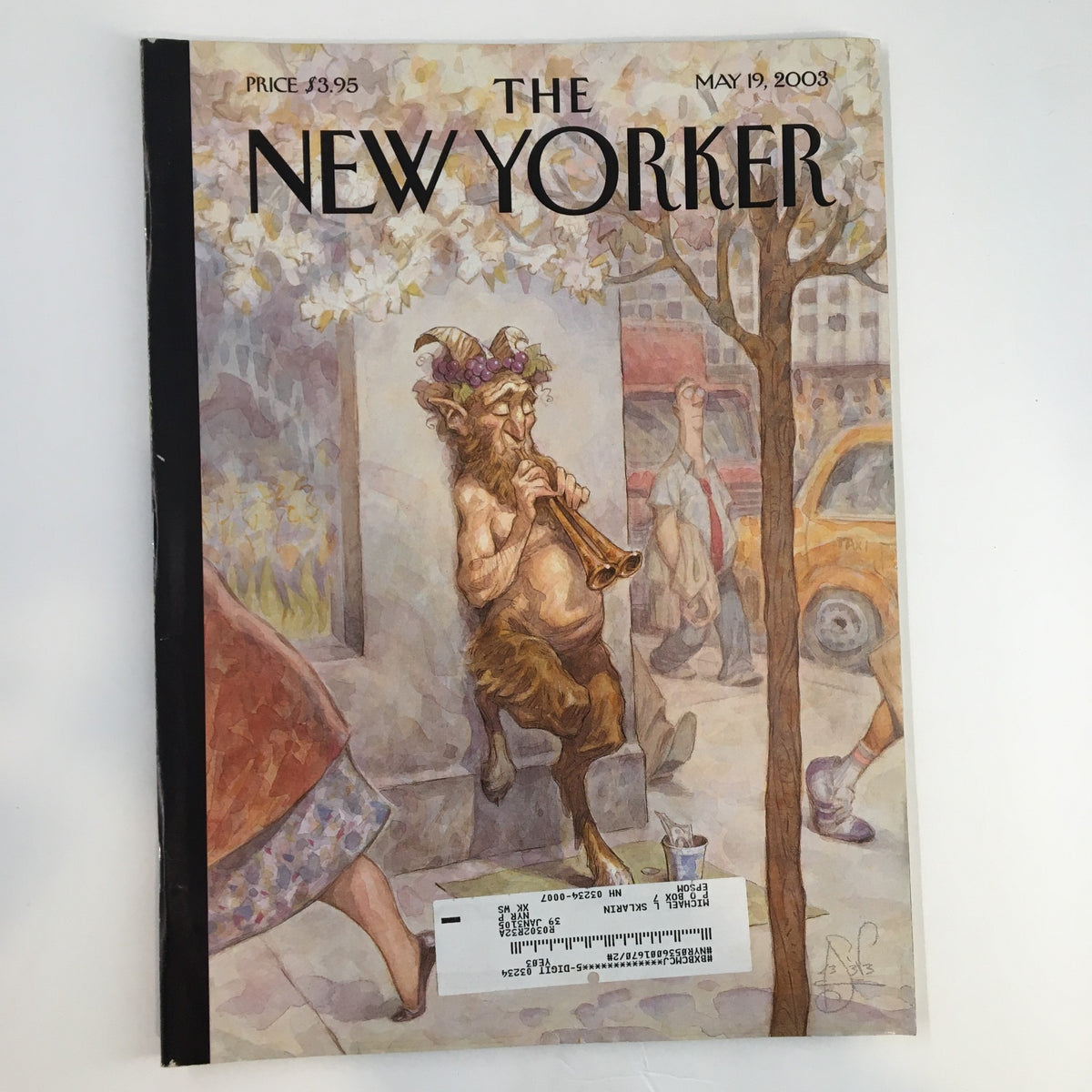 Cover of The New Yorker Full Magazine May 19, 2003, featuring the whimsical illustration 'Panhandler' by Peter de Seve, showcasing a satirical depiction of urban life with a character playing a flute.