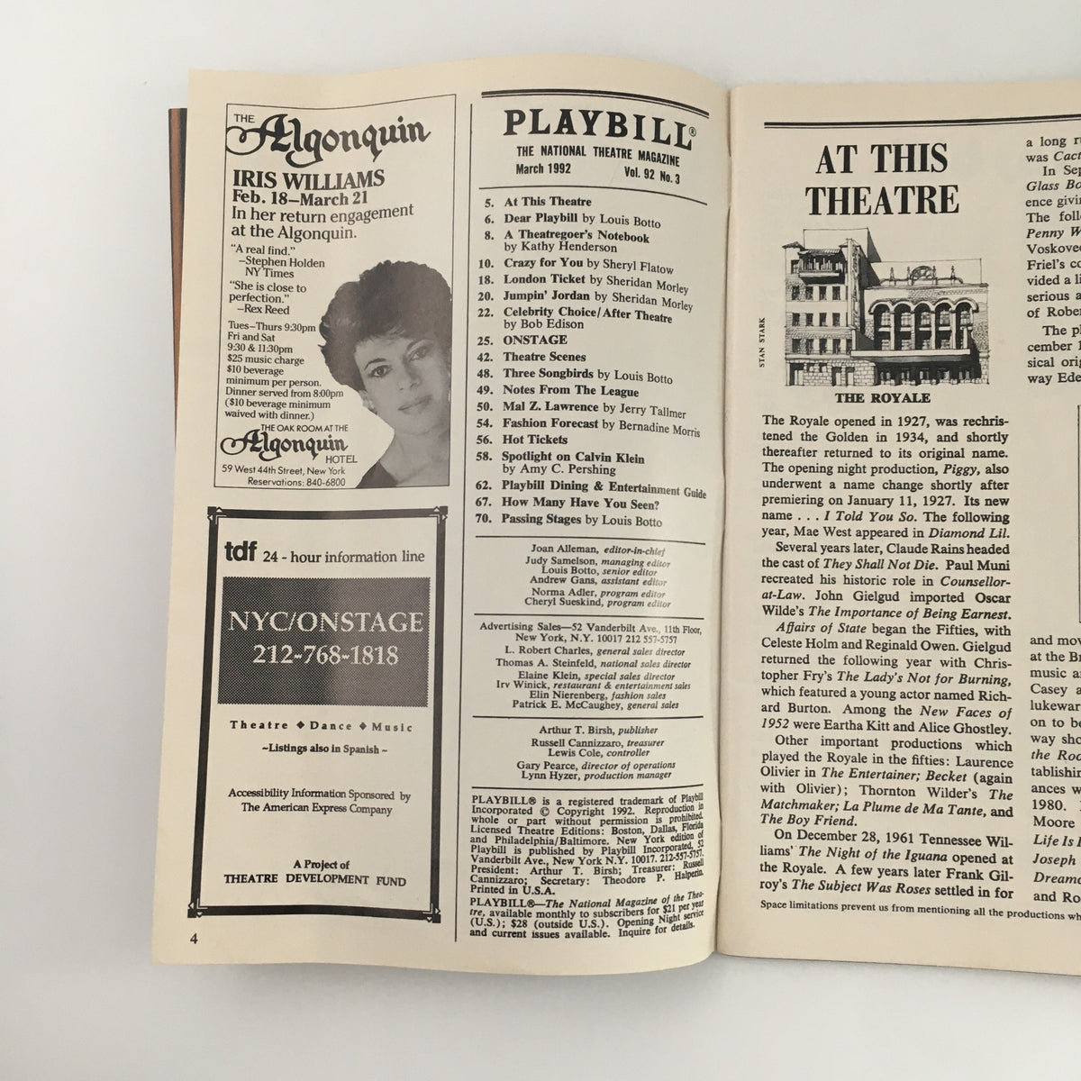 Interior page of the 1992 Playbill for 'Conversations with My Father' showcasing theater information and advertisements from the Royale Theatre.