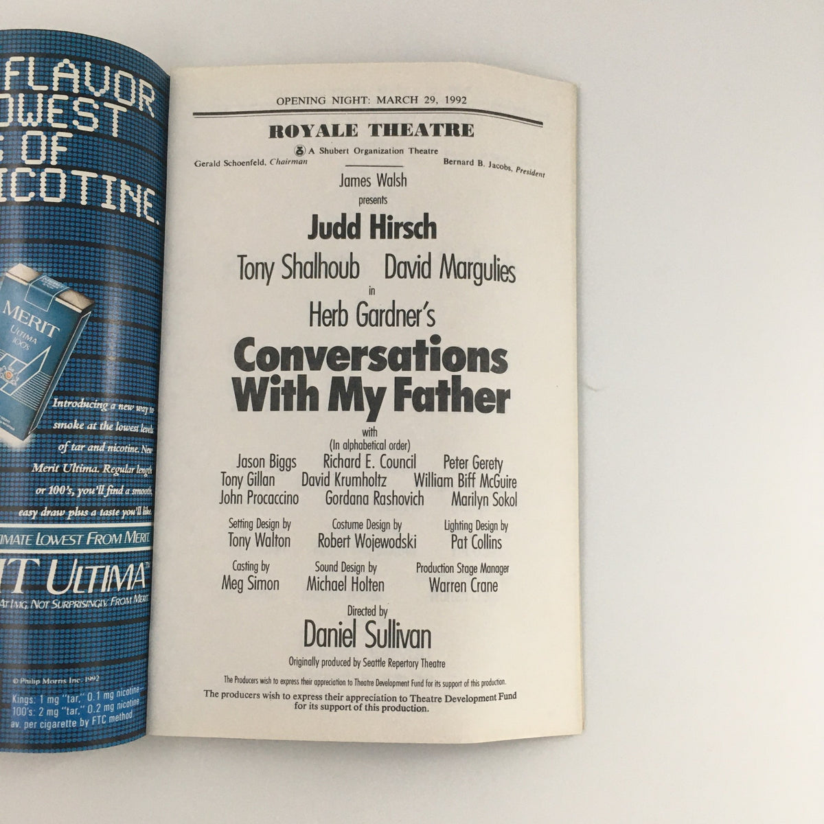 Cast listing page of the 1992 Playbill for 'Conversations with My Father' at Royale Theatre, highlighting key performers including Tony Shalhoub.