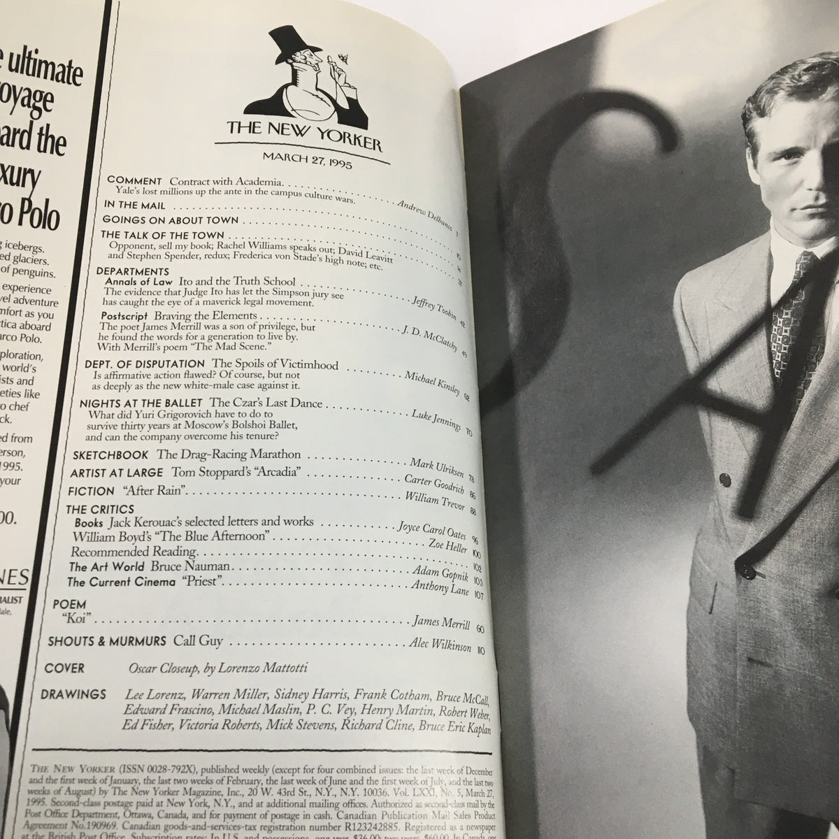Interior page of The New Yorker magazine dated March 27, 1995, showing article listings and notes on the 'Oscar Closeup' cover by Lorenzo Mattotti.