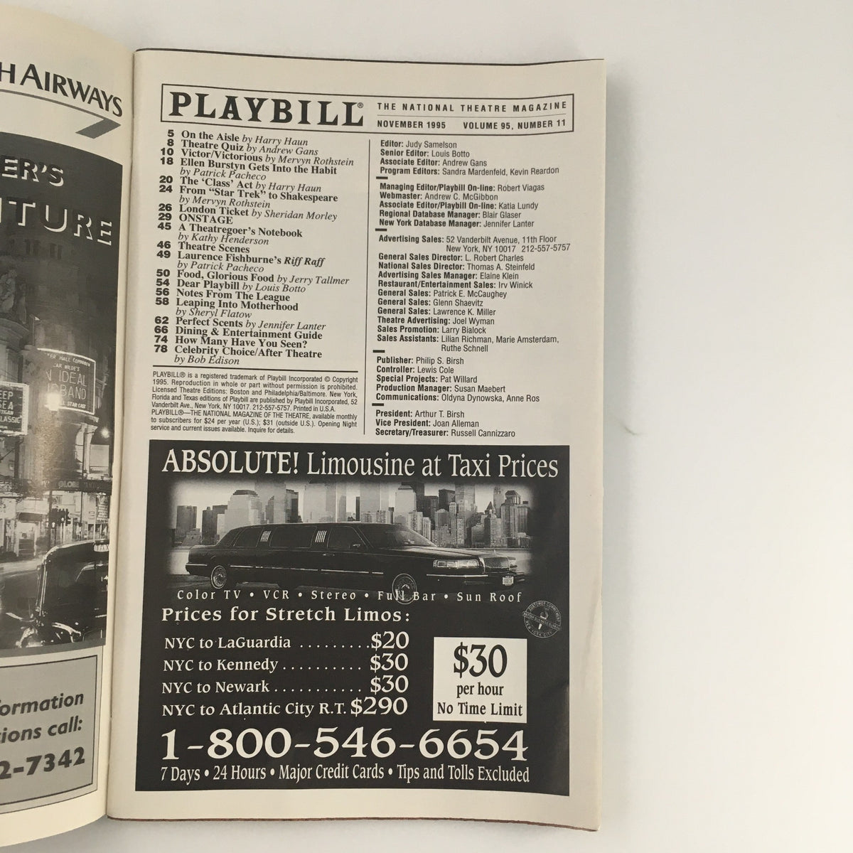 1995 Playbill Manhattan Theatre Club 'New England' showcasing the theater magazine contents from November 1995, featuring various performances and advertisements.