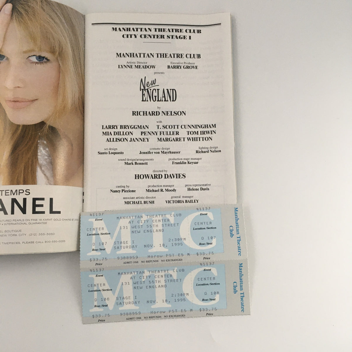 1995 Playbill Manhattan Theatre Club 'New England' with promotional image and original tickets, highlighting the performances of Larry Bryggman and Tom Irwin.